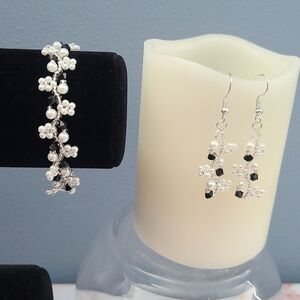 Handmade Silver-Toned Beaded Dainty Flower Earrings Bracelet